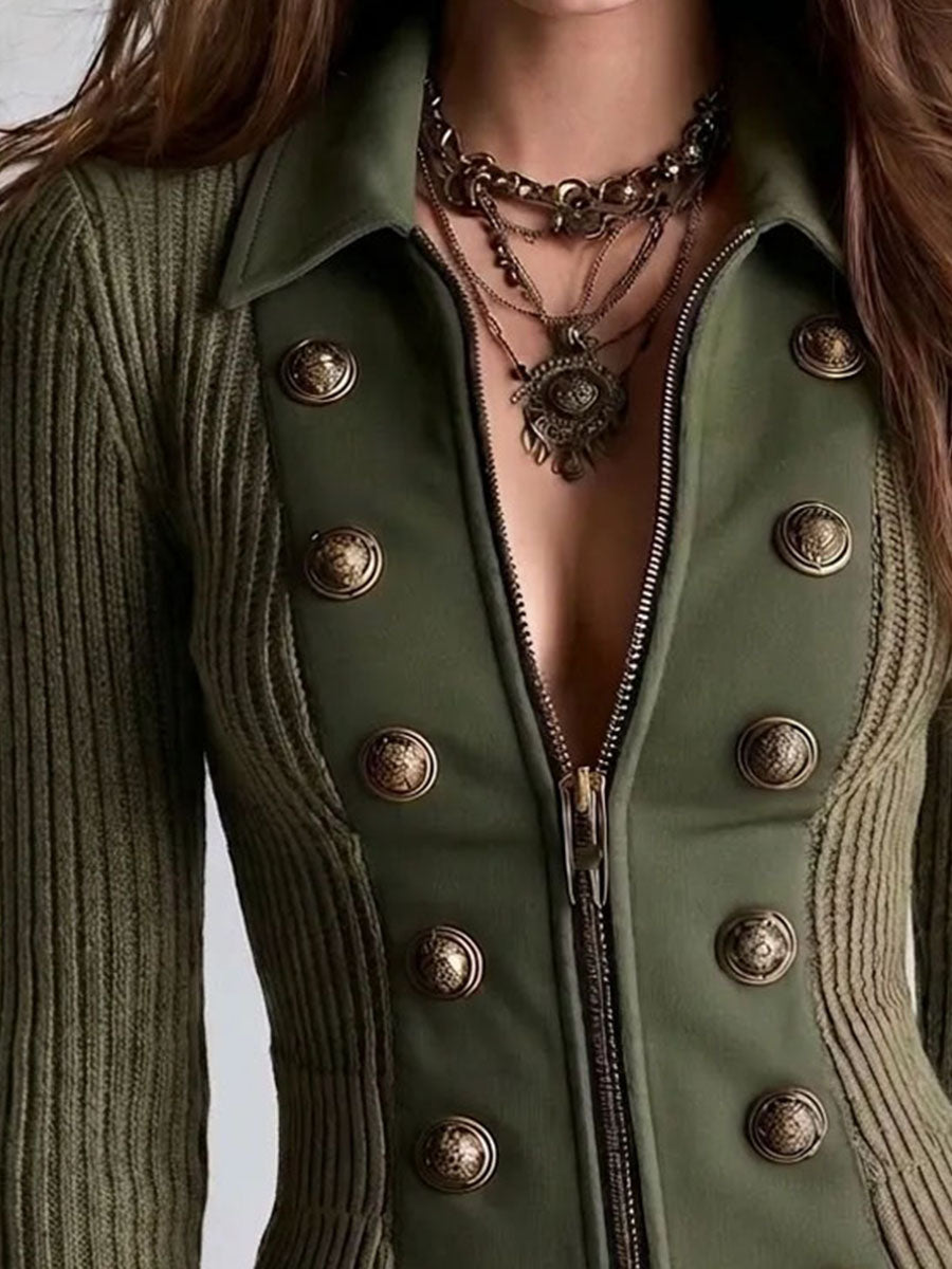 Vintage Army Green Brass Decor Button Spliced Knit Cardigan