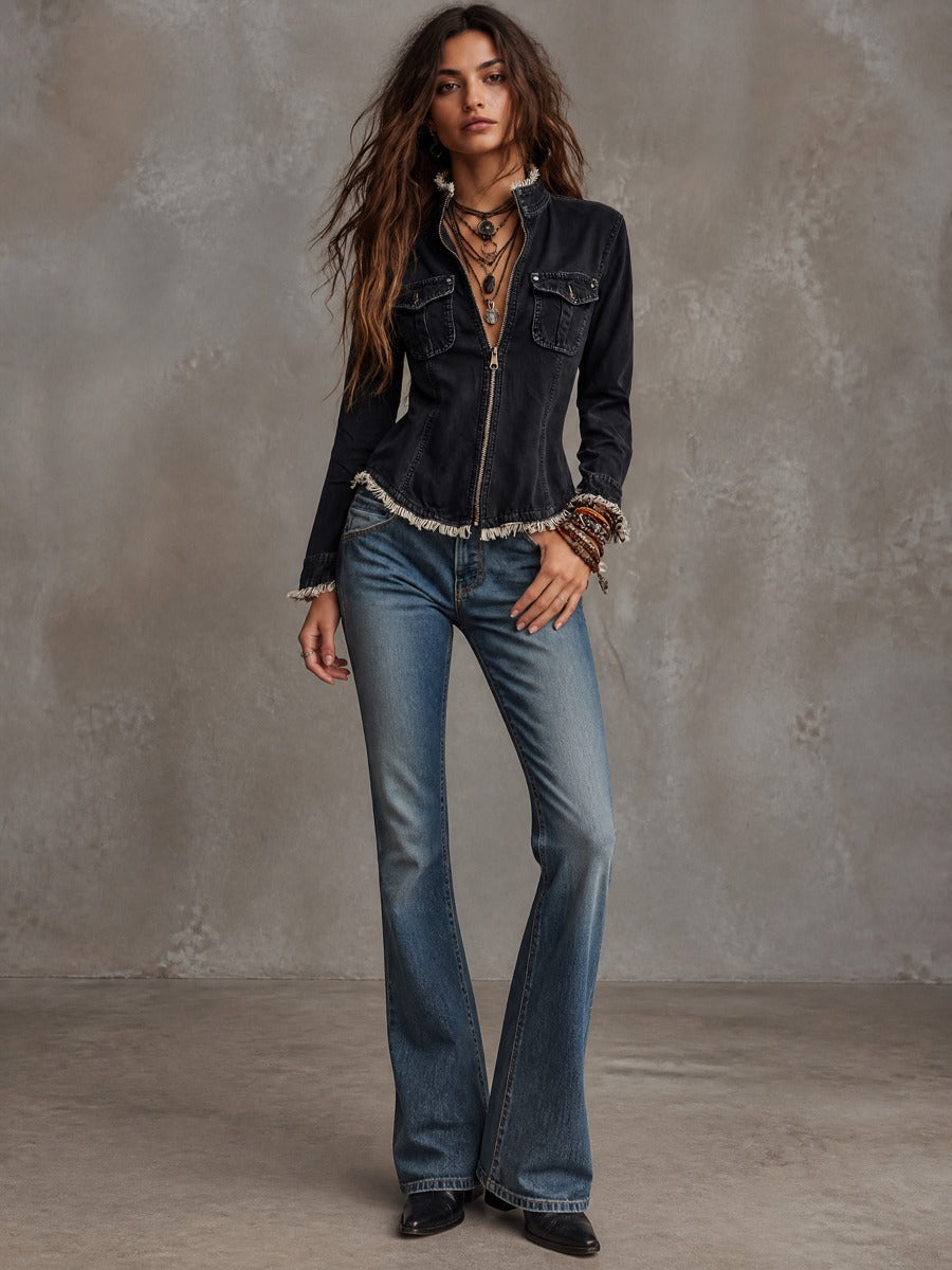 Women's Fitted Frayed Raw Hem Black Denim Jacket