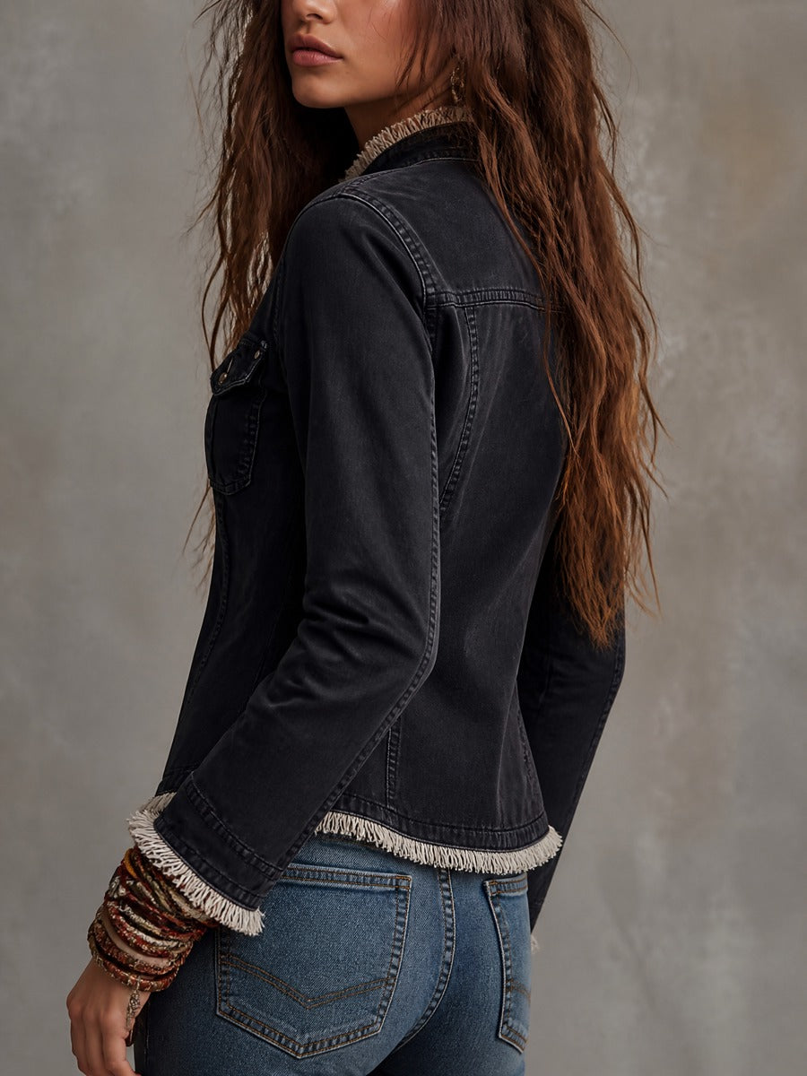 Women's Fitted Frayed Raw Hem Black Denim Jacket