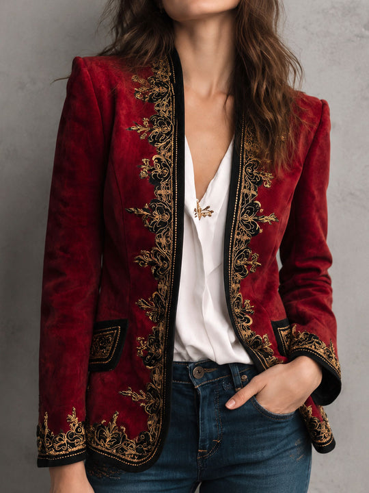 Boho Vintage Embroidered Microsuede Lapel‑less Blazer