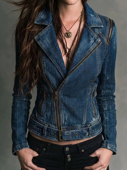 Vintage Distressed Denim Motorcycle Biker Jacket