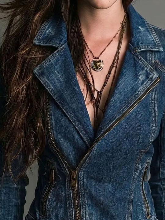 Vintage Distressed Denim Motorcycle Biker Jacket