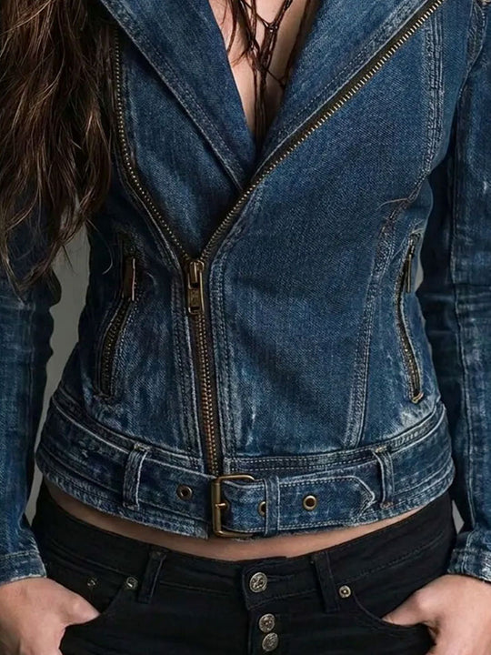 Vintage Distressed Denim Motorcycle Biker Jacket