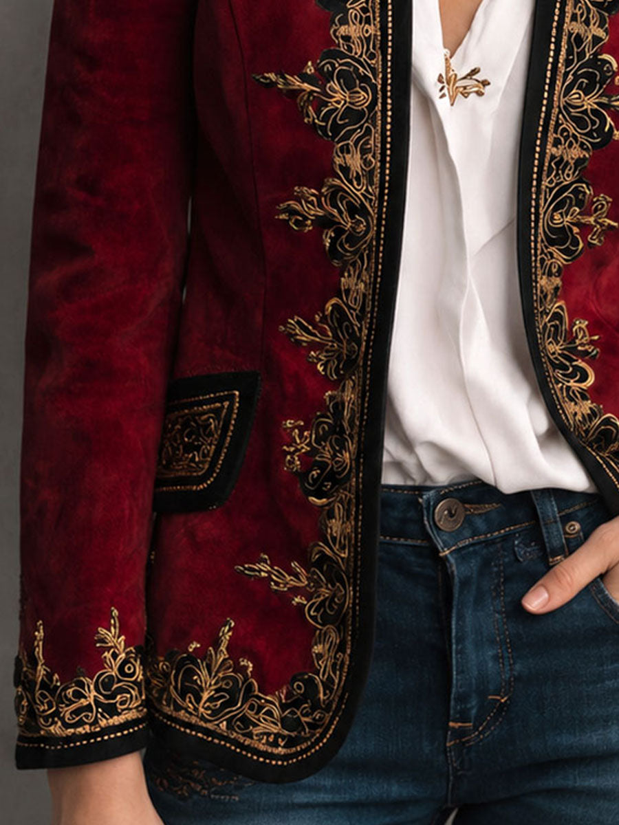Boho Vintage Embroidered Microsuede Lapel‑less Blazer