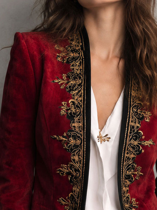Boho Vintage Embroidered Microsuede Lapel‑less Blazer