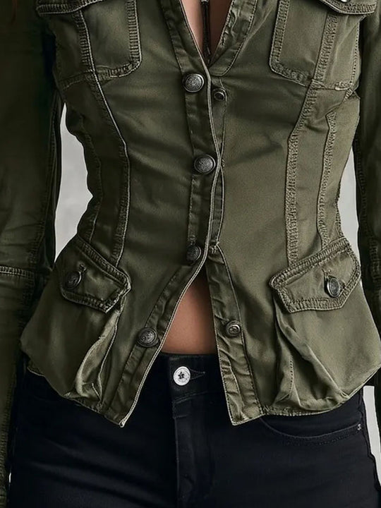 Vintage Army Green Wash Cotton Multi‑Pocket Jacket