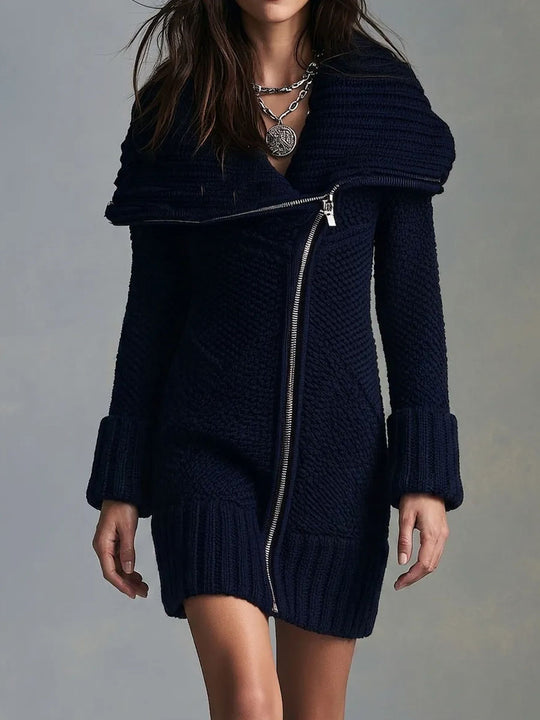 Boho Chunky Cable Knit Asymmetric Zip Collared Sweater Dress