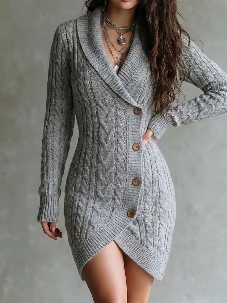 Boho Shawl Collar Cable Knit Wrap Dress With Wooden Button Asymmetric Hem