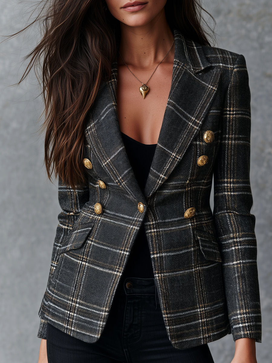Vintage Lapel Collar Check Tweed Blazer