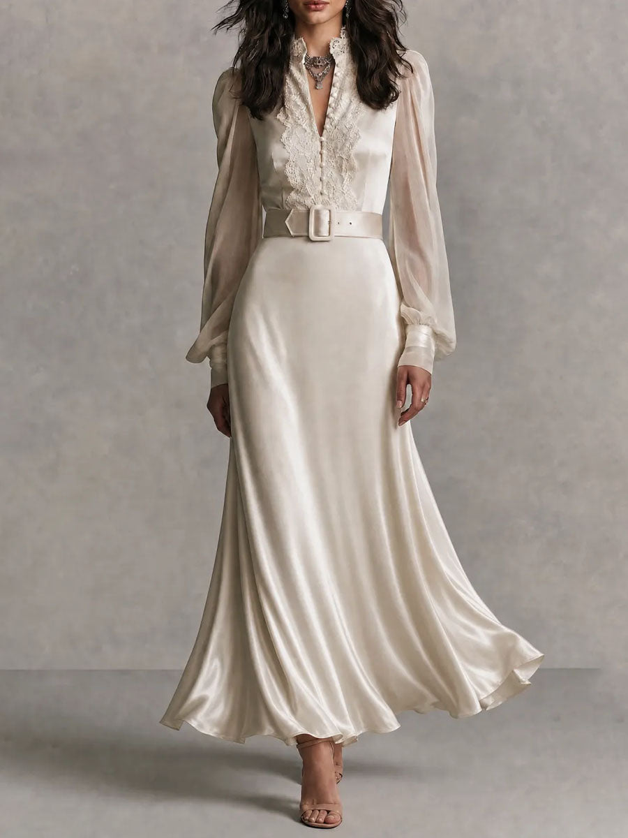 Vintage Lace Trim Satin Belted Long Sleeve Guest Maxi Dress