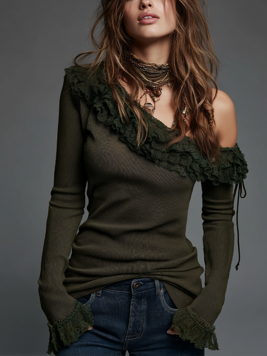 Romantic Olive Ruffle One-Shoulder Knit Top