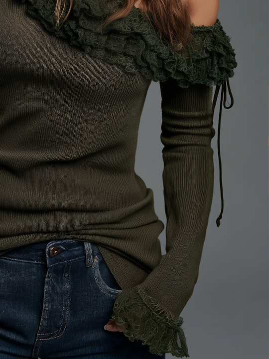 Romantic Olive Ruffle One-Shoulder Knit Top