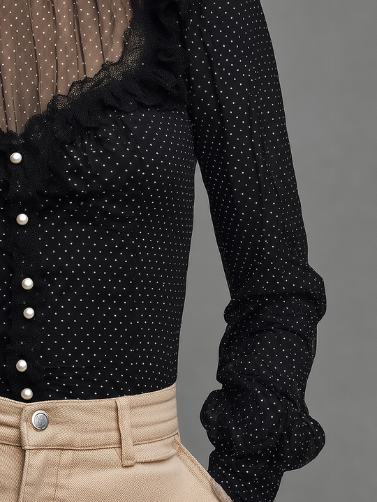 Romantic Black Polka Dot Sheer Lace Ruffle Blouse