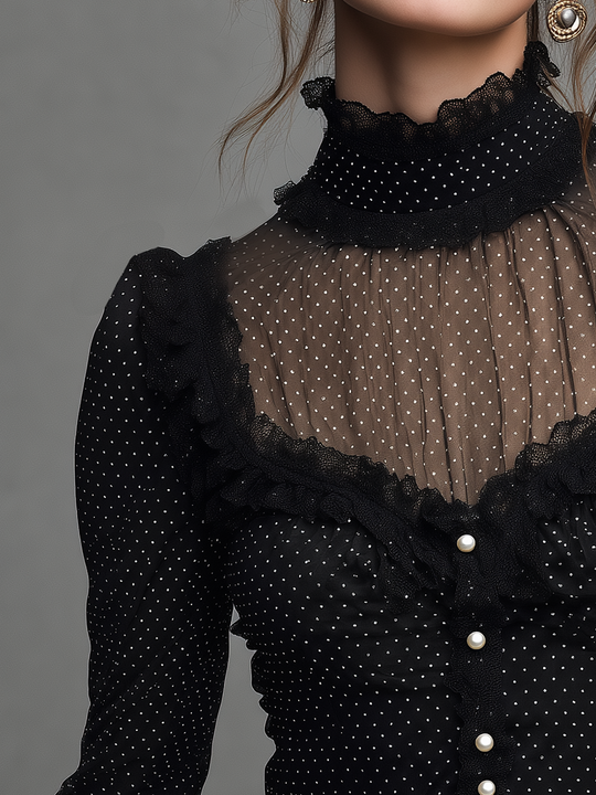Romantic Black Polka Dot Sheer Lace Ruffle Blouse
