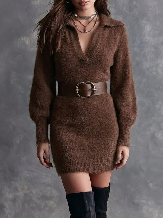 Retro Elegant Collared V Neck Brown Fuzzy Knit Mini Dress