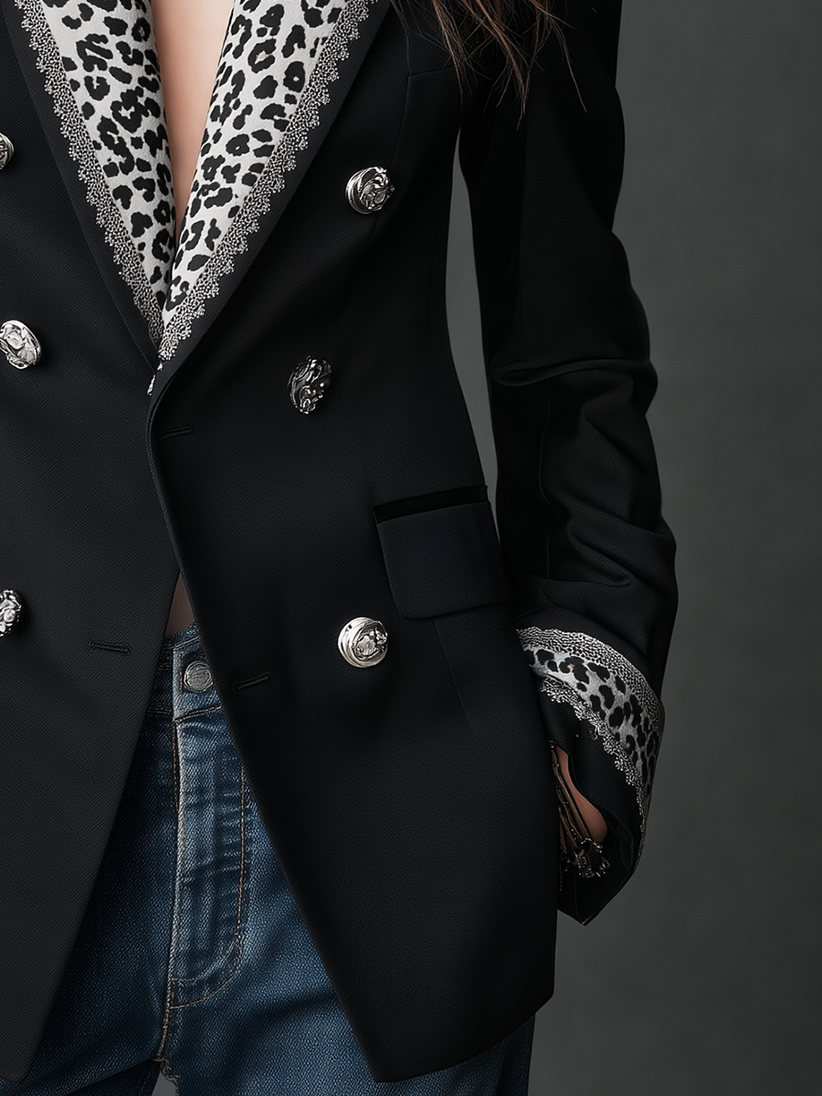 Statement Black Leopard Lapel Double-Breasted Blazer