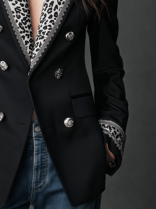 Statement Black Leopard Lapel Double-Breasted Blazer