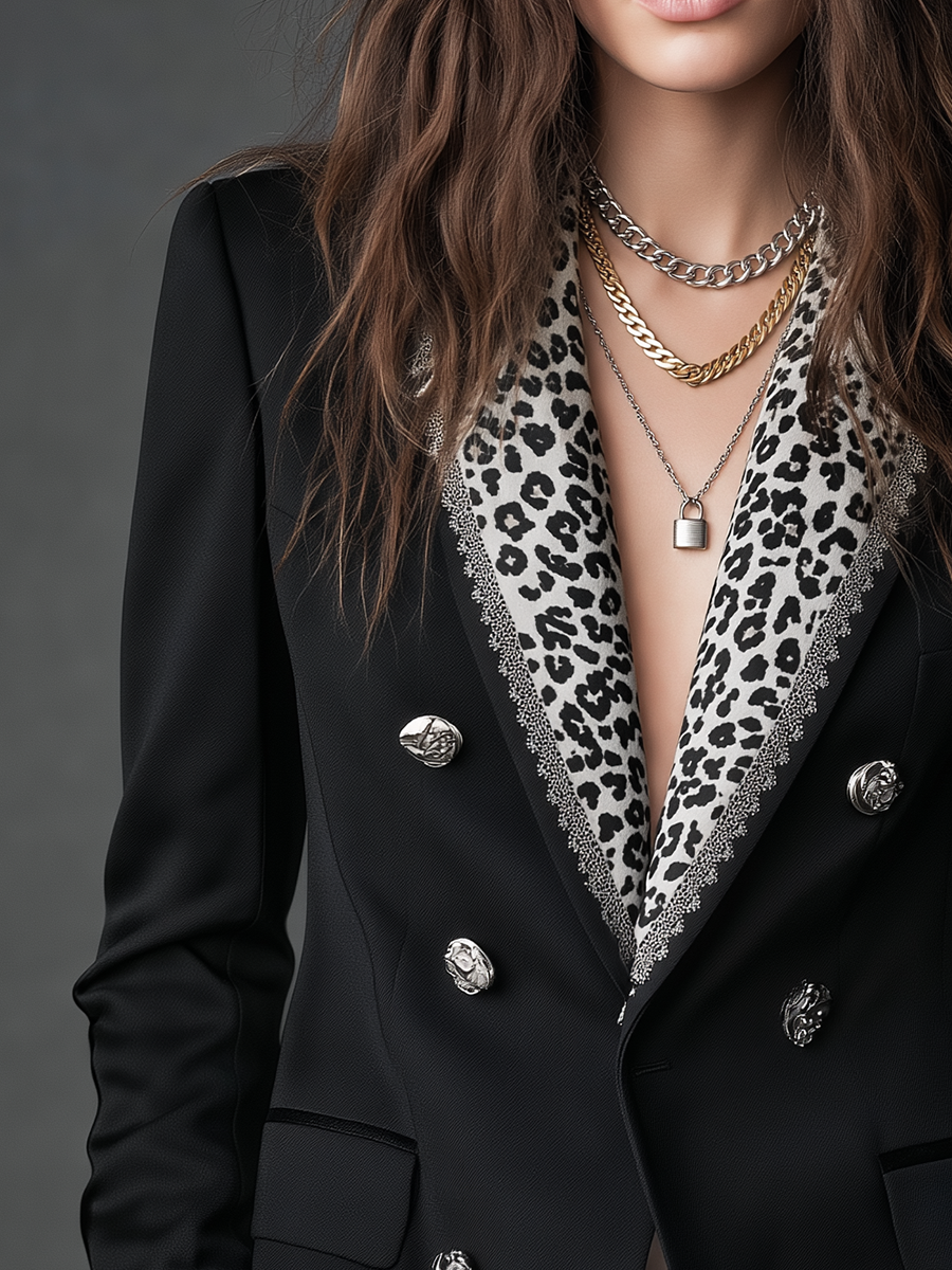 Statement Black Leopard Lapel Double-Breasted Blazer