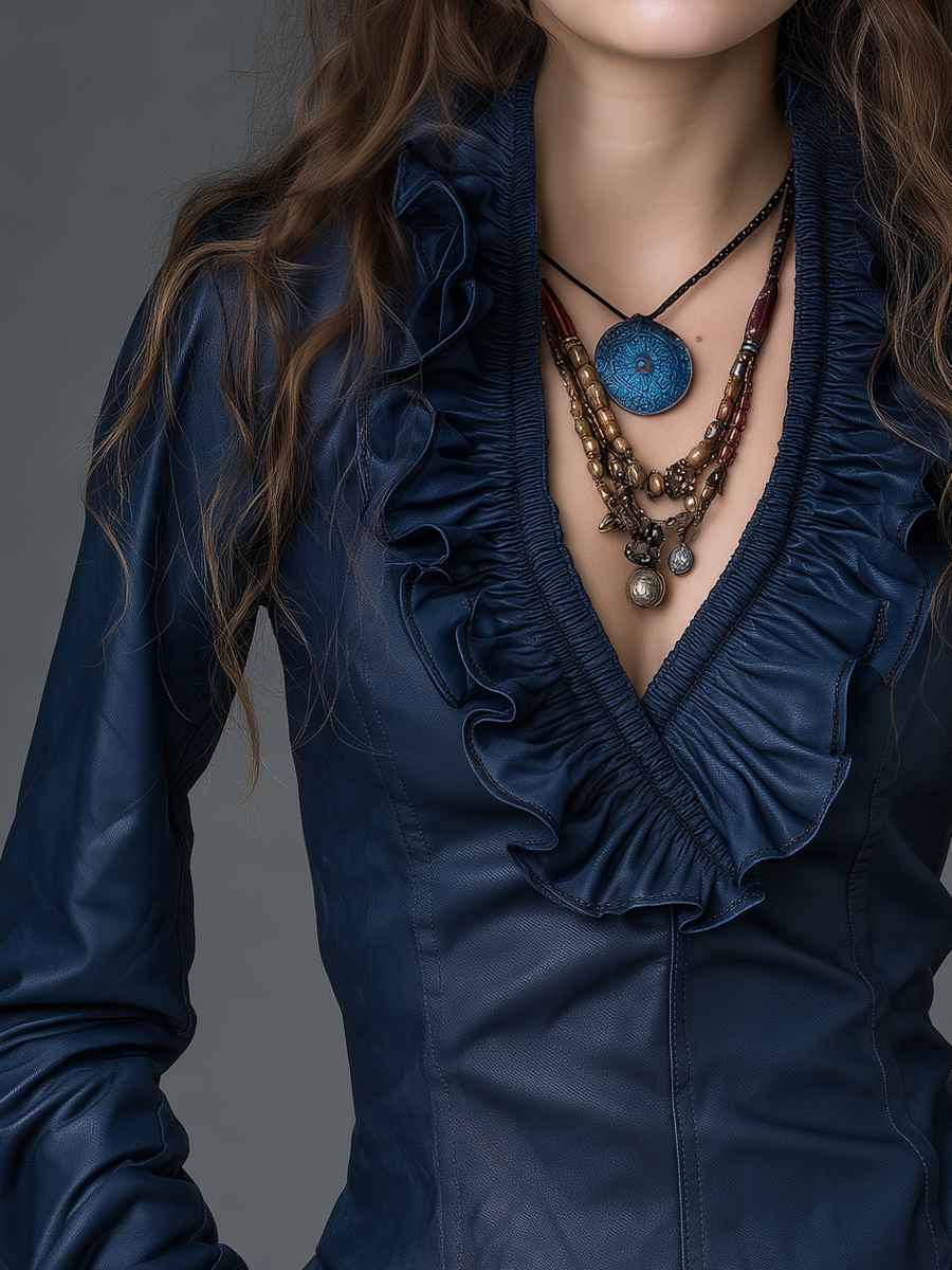 Vintage Navy Ruffle Tie-Front Top