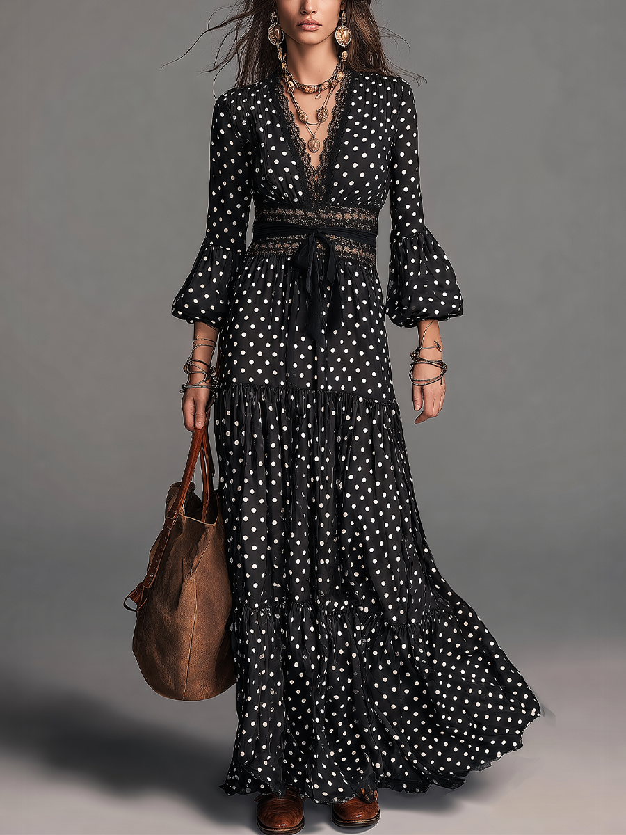 Romantic Black Polka Dot Lace Trim Maxi Dress