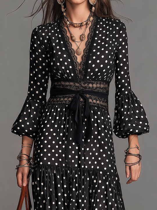 Romantic Black Polka Dot Lace Trim Maxi Dress