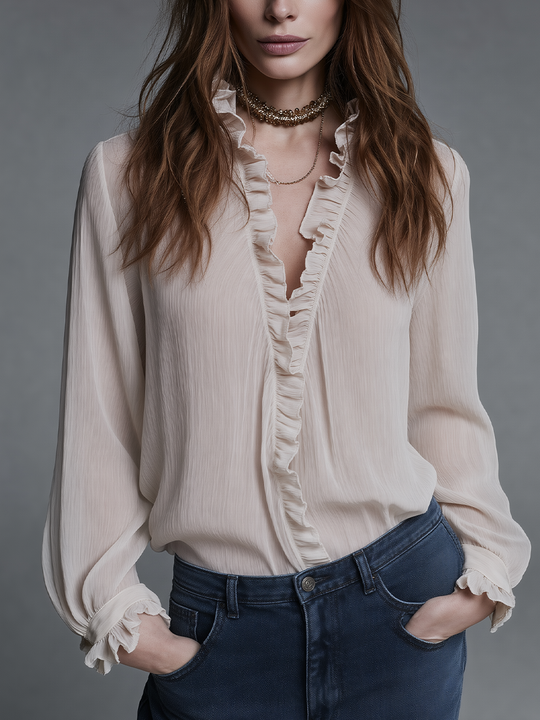 Feminine Ivory Ruffle Trim Blouse