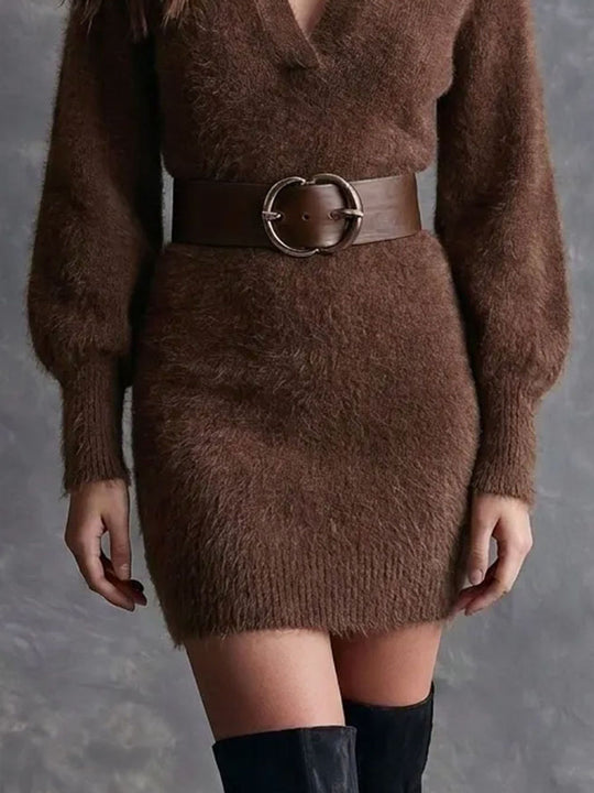 Retro Elegant Collared V Neck Brown Fuzzy Knit Mini Dress