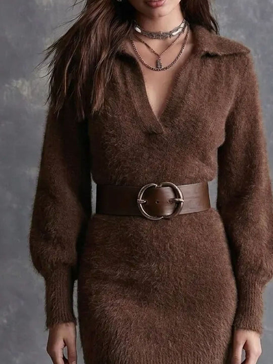Retro Elegant Collared V Neck Brown Fuzzy Knit Mini Dress
