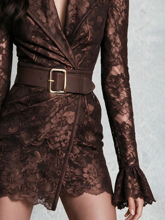 Vintage Brown Sheer Lace Wrap Mini Dress With Belt