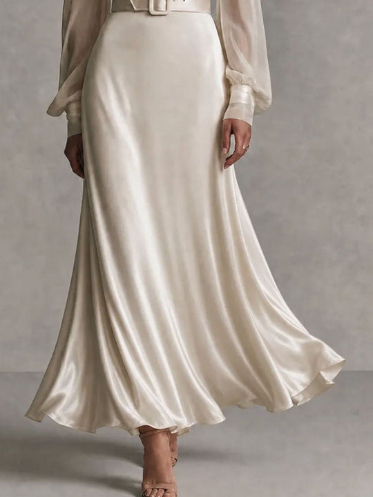 Vintage Lace Trim Satin Belted Long Sleeve Guest Maxi Dress