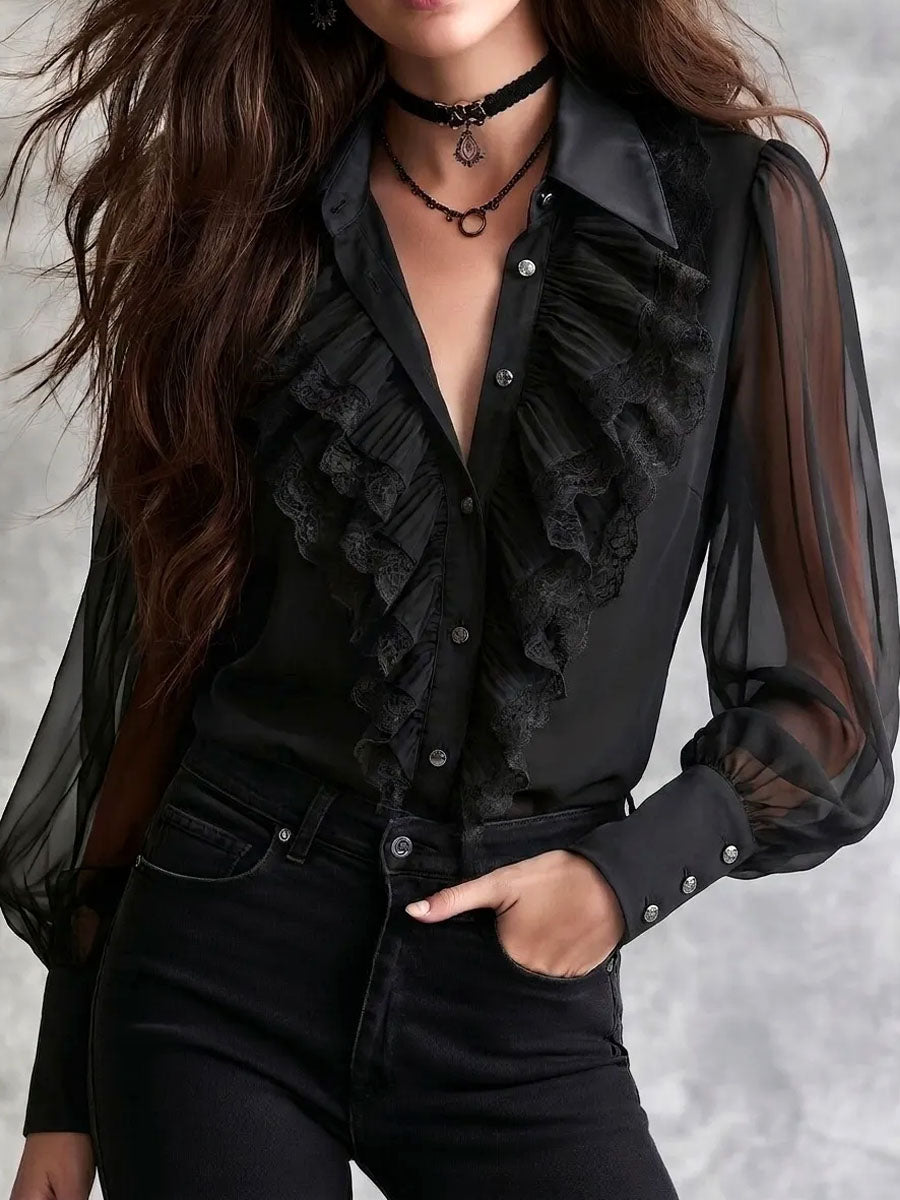 Gothic Boho Lace Ruffle Sheer Lantern Sleeve Button Top