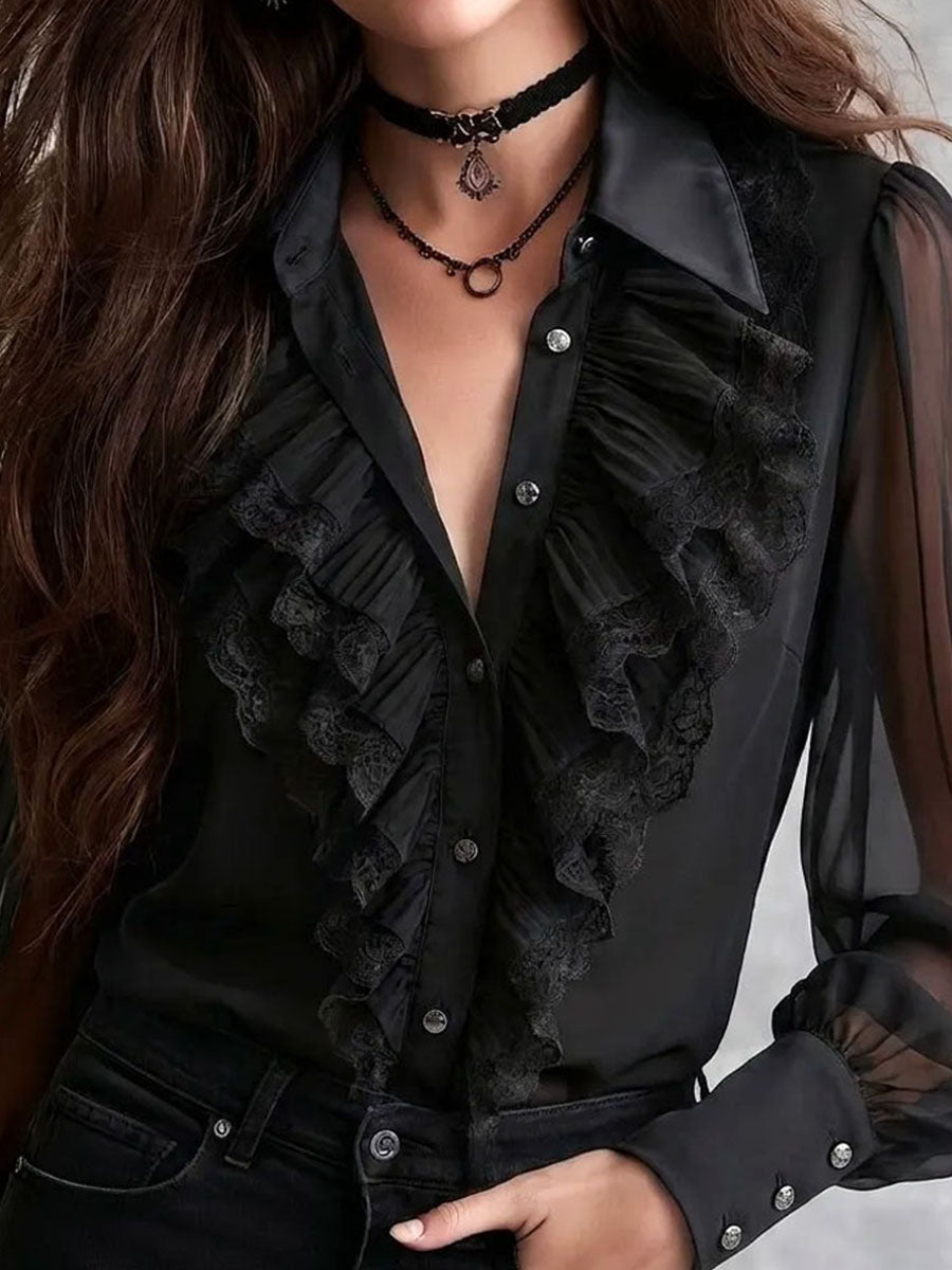 Gothic Boho Lace Ruffle Sheer Lantern Sleeve Button Top