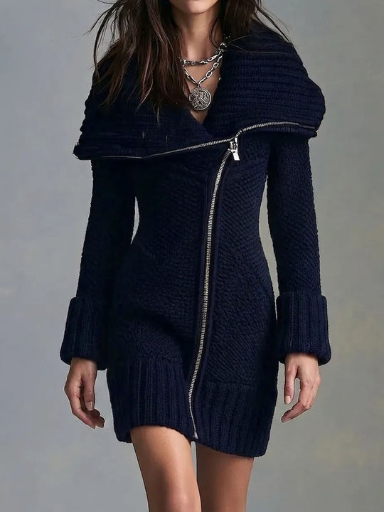 Boho Chunky Cable Knit Asymmetric Zip Collared Sweater Dress