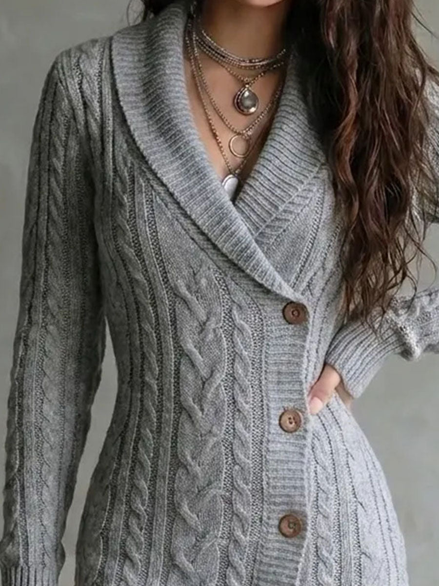 Boho Shawl Collar Cable Knit Wrap Dress With Wooden Button Asymmetric Hem