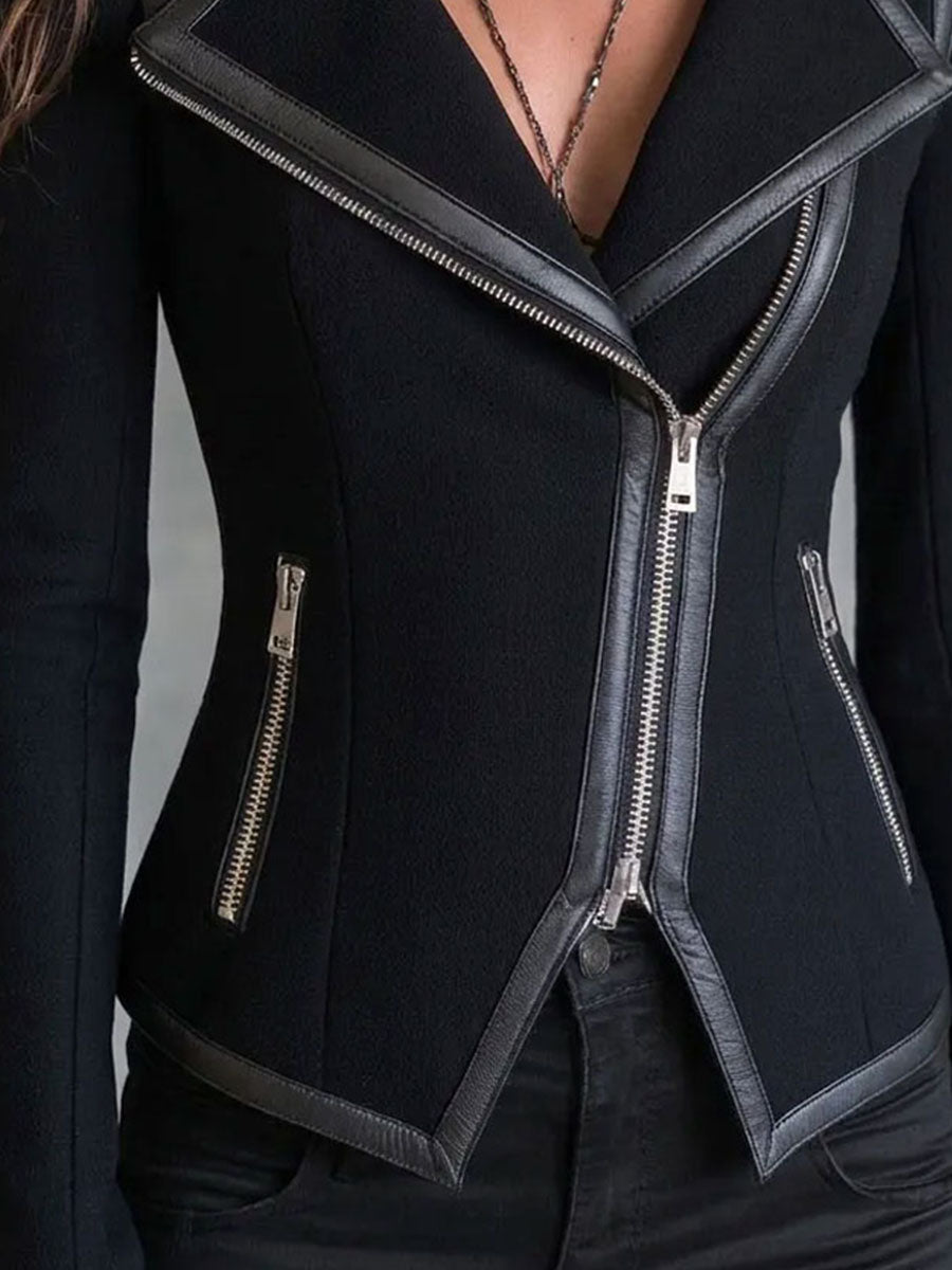 Vintage Woolen Leather Edge Trim Zip Up Moto Jacket