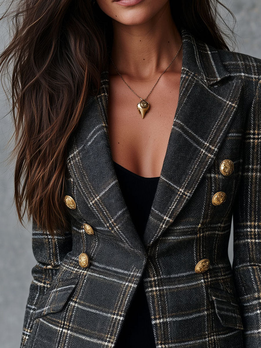Vintage Lapel Collar Check Tweed Blazer