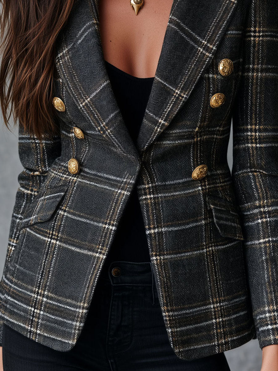 Vintage Lapel Collar Check Tweed Blazer