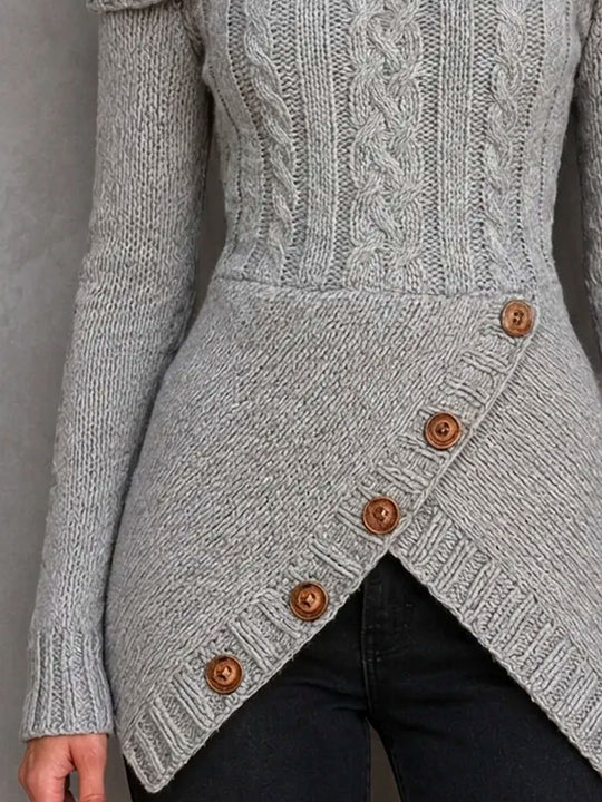 Boho Cowl Neck Cold Shoulder Cable Sweater With Asymmetrical Hem