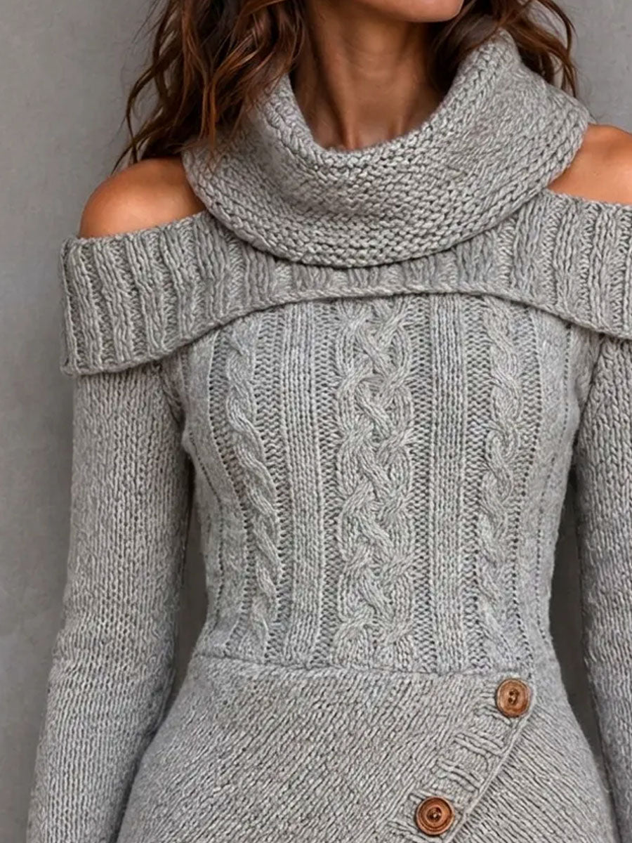 Boho Cowl Neck Cold Shoulder Cable Sweater With Asymmetrical Hem