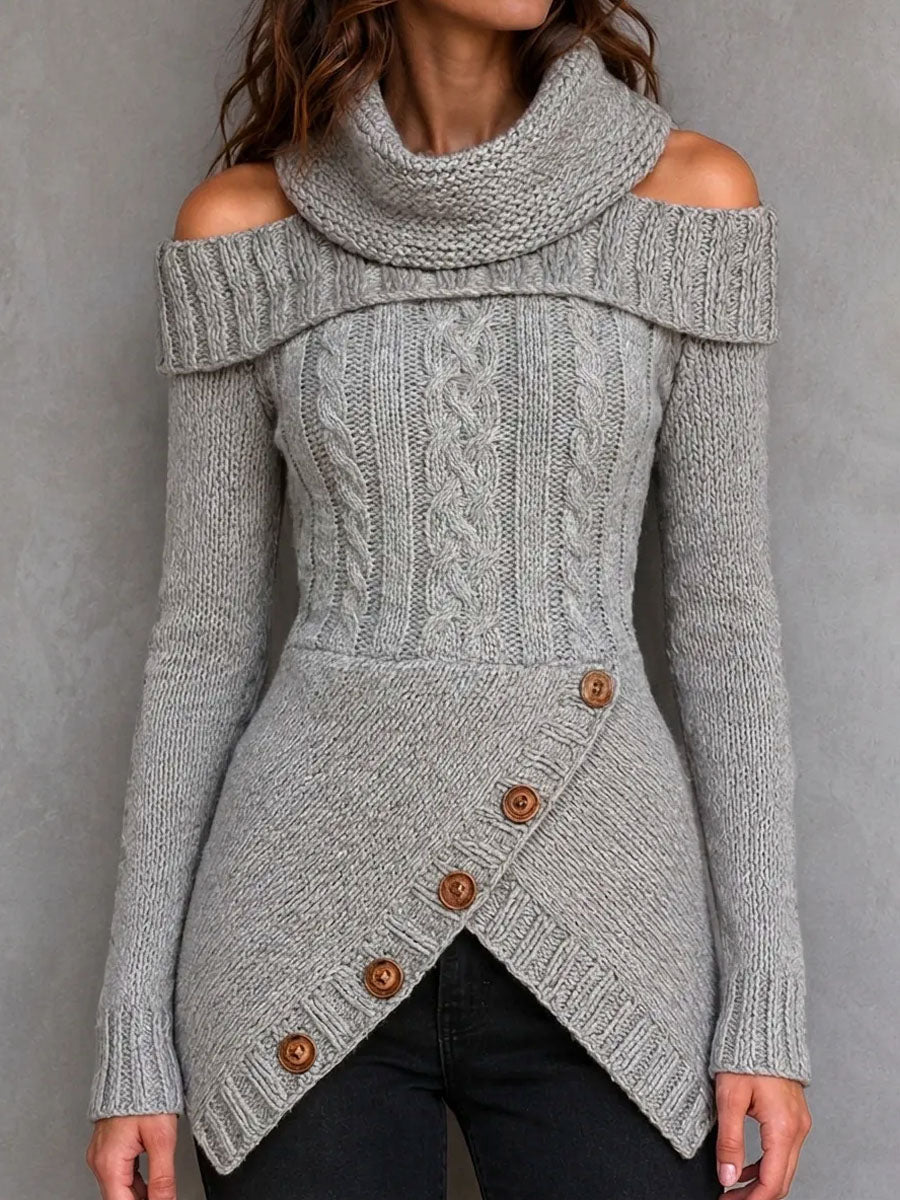 Boho Cowl Neck Cold Shoulder Cable Sweater With Asymmetrical Hem
