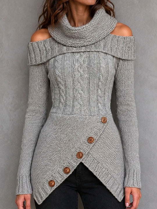 Boho Cowl Neck Cold Shoulder Cable Sweater With Asymmetrical Hem