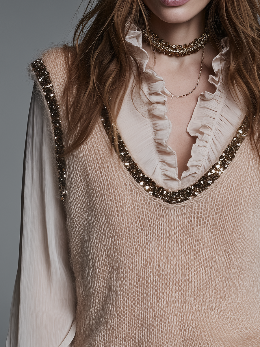 Elegant Beige Sequin Trim Knit Vest