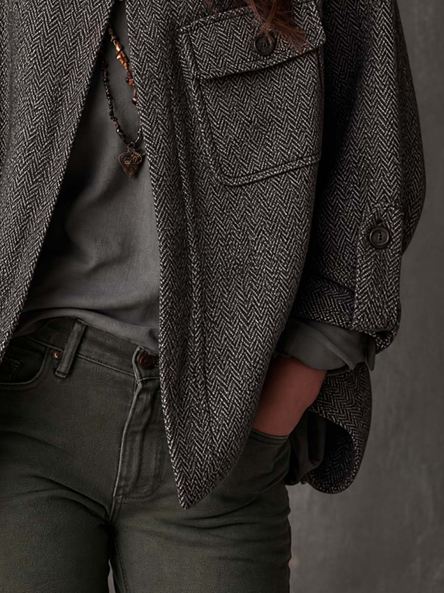 Retro Funnel Collar Herringbone Jacket