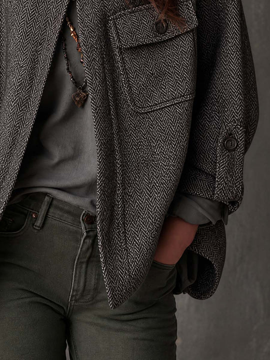 Retro Funnel Collar Herringbone Jacket
