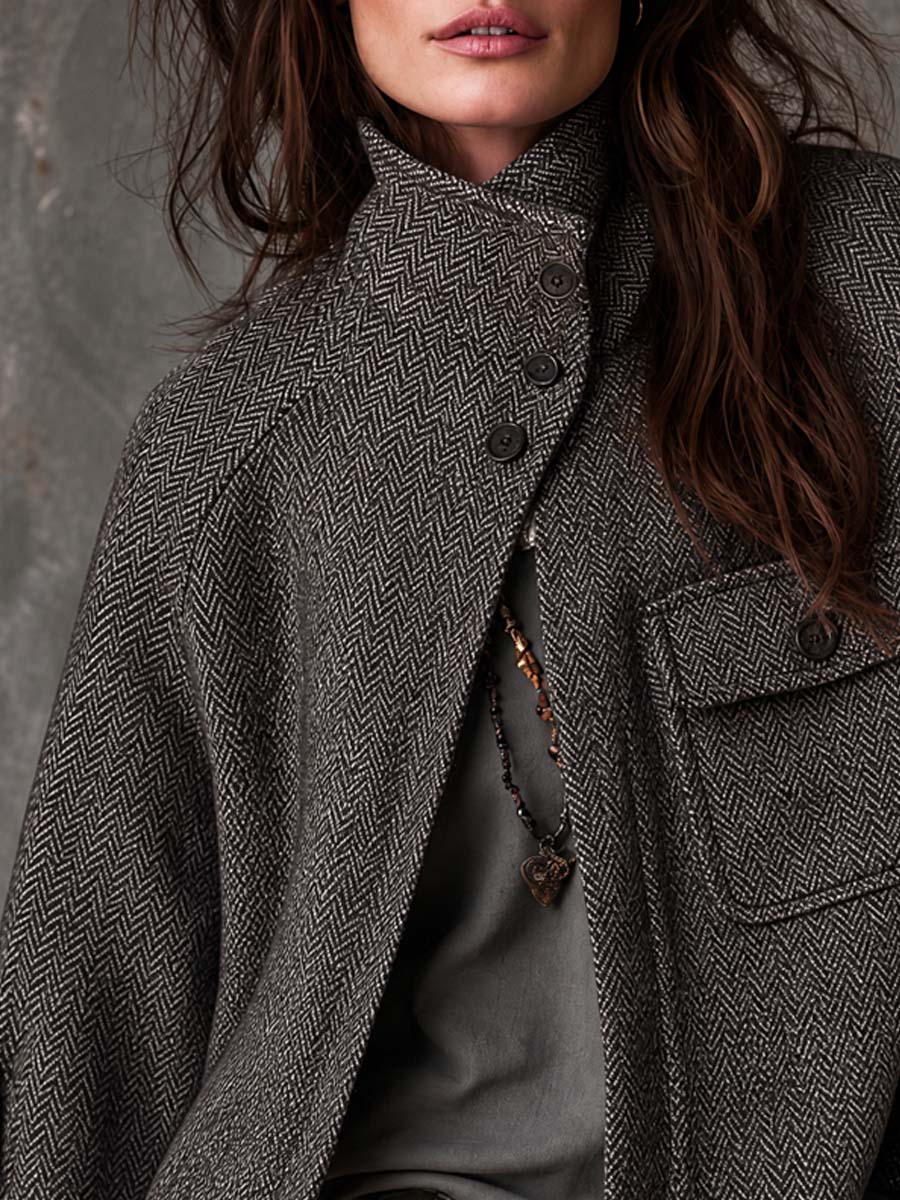 Retro Funnel Collar Herringbone Jacket