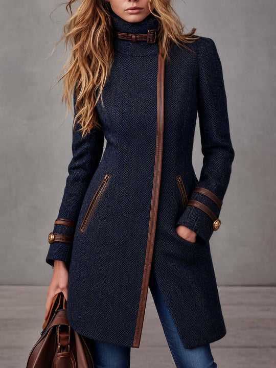 Retro Contrast Trim Asymmetrical Zipper Herringbone Thigh-length Jacket