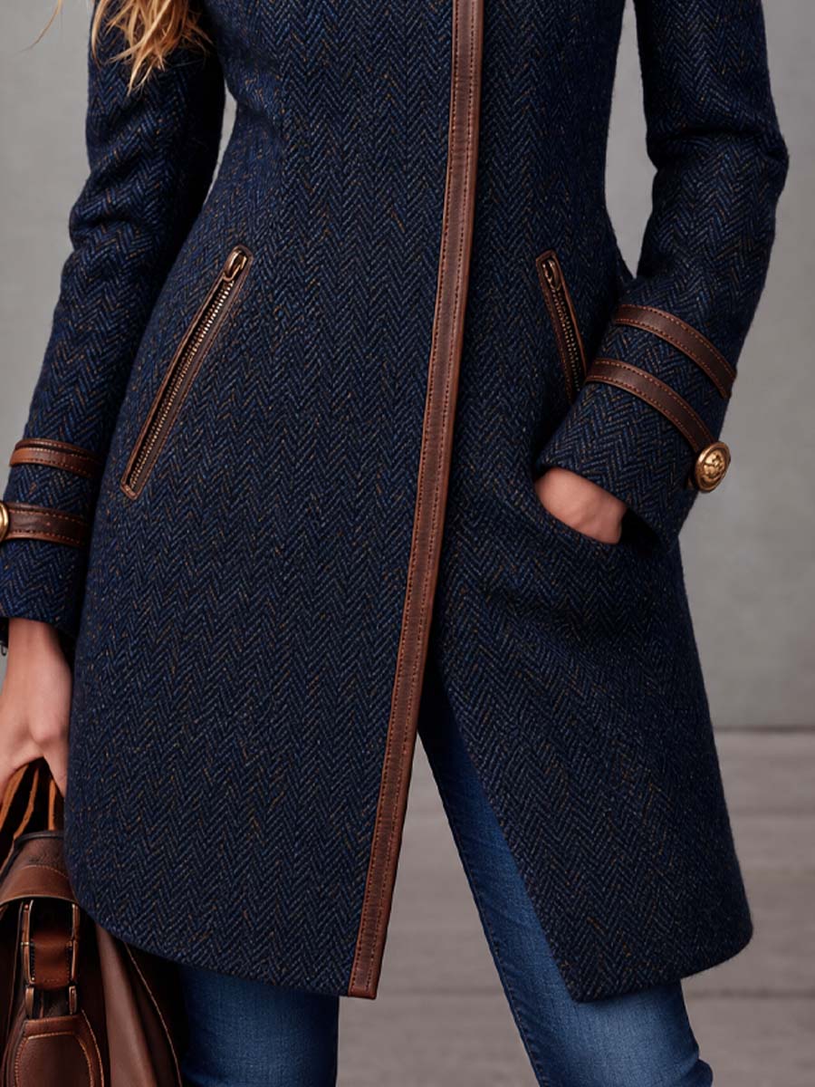 Retro Contrast Trim Asymmetrical Zipper Herringbone Thigh-length Jacket