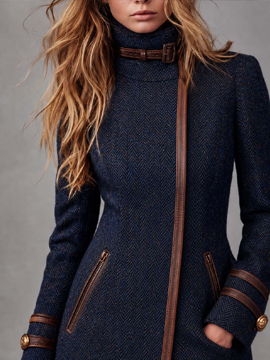 Retro Contrast Trim Asymmetrical Zipper Herringbone Thigh-length Jacket