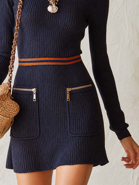 Retro Contrast Line Zippered Pocket Knit Mini Dress