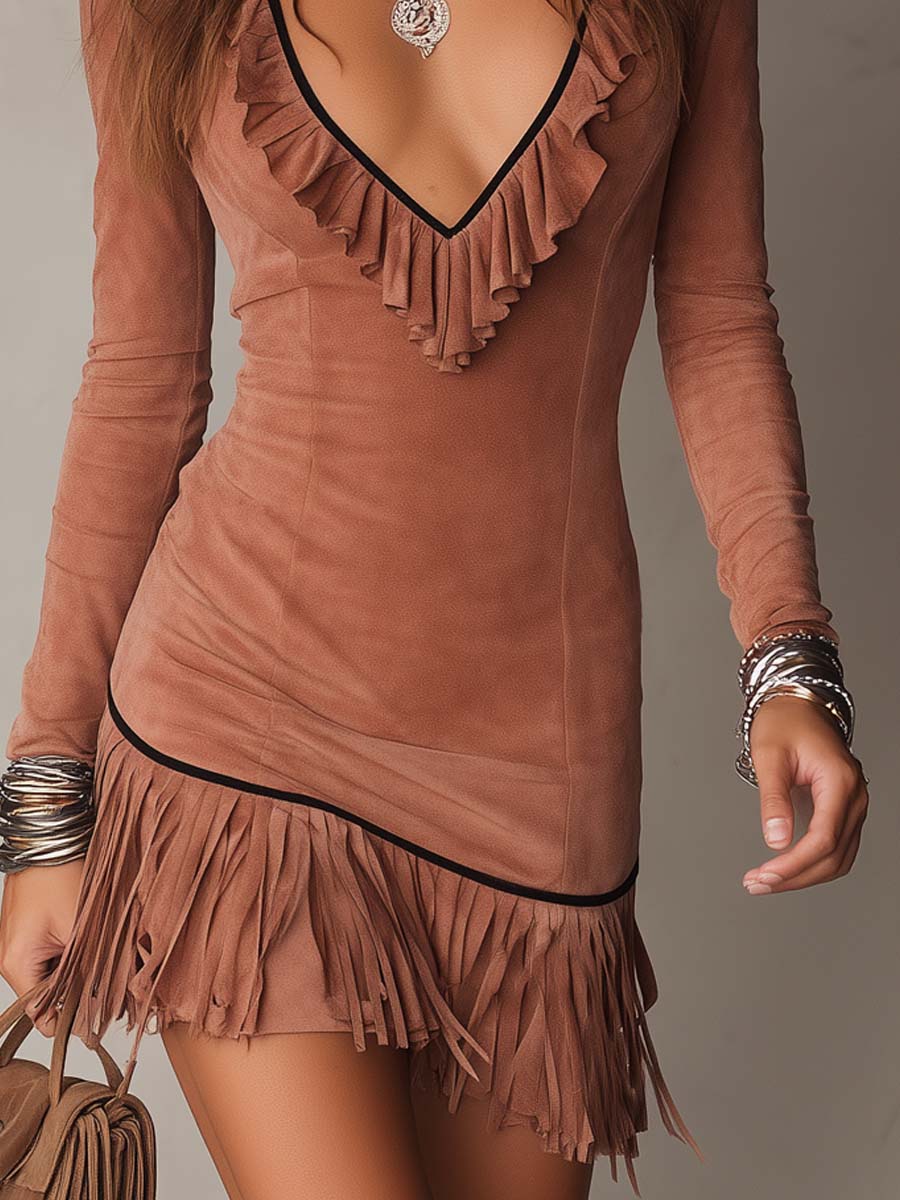 Retro Ruffled Neck Tassel Hem Polyester Suede Mini Dress